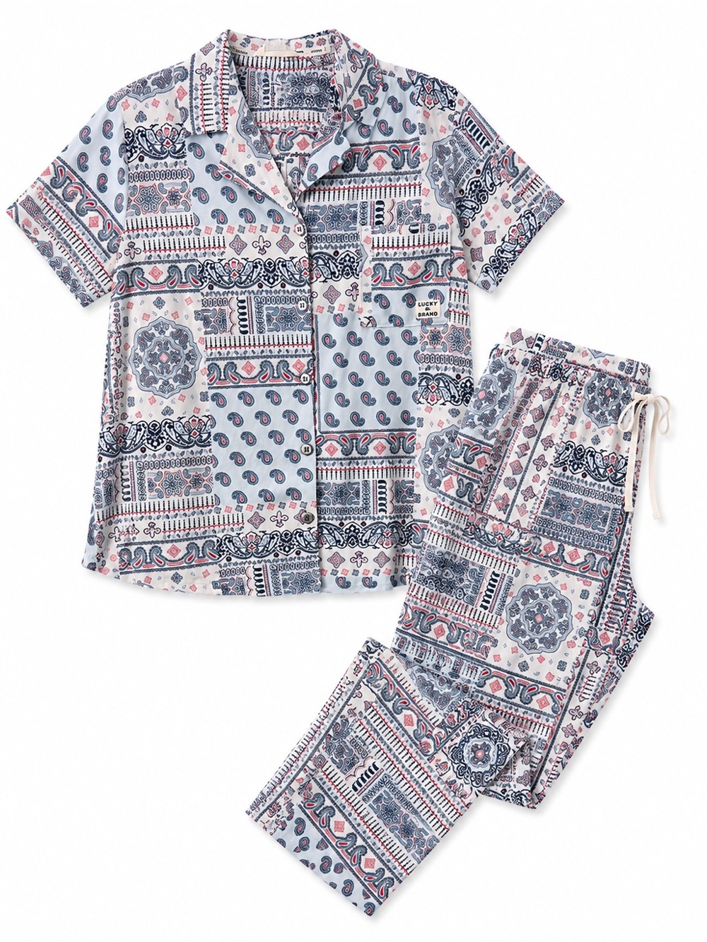 Lucky Brand Paisley Patchwork Short-Sleeve Pajama Set - Blue & Pink